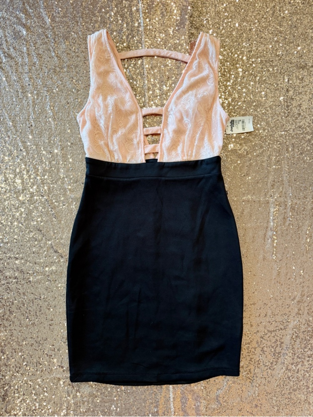 Charlotte Russe Pink and Black Plunge Strappy Bodycon Mini Dress